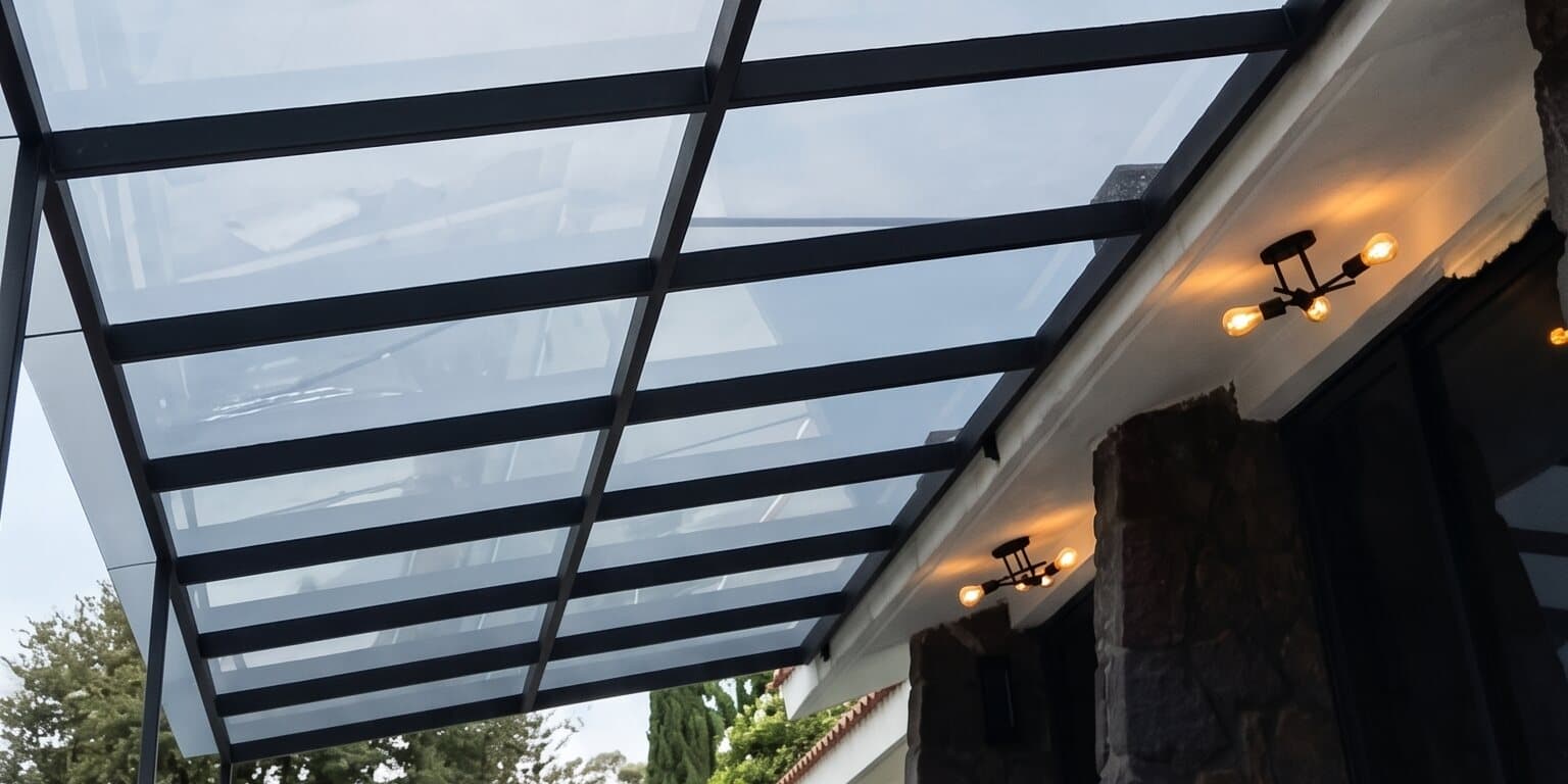 Pergolado de cristal templado con estructura negra sobre acceso residencial, al atardecer